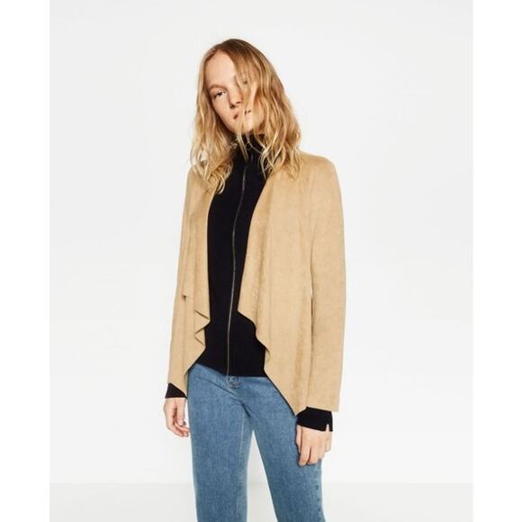 Zara Waterfall Collar Open Front Jacket Women's Size XS in Khaki Suede - Picture 1 of 10
